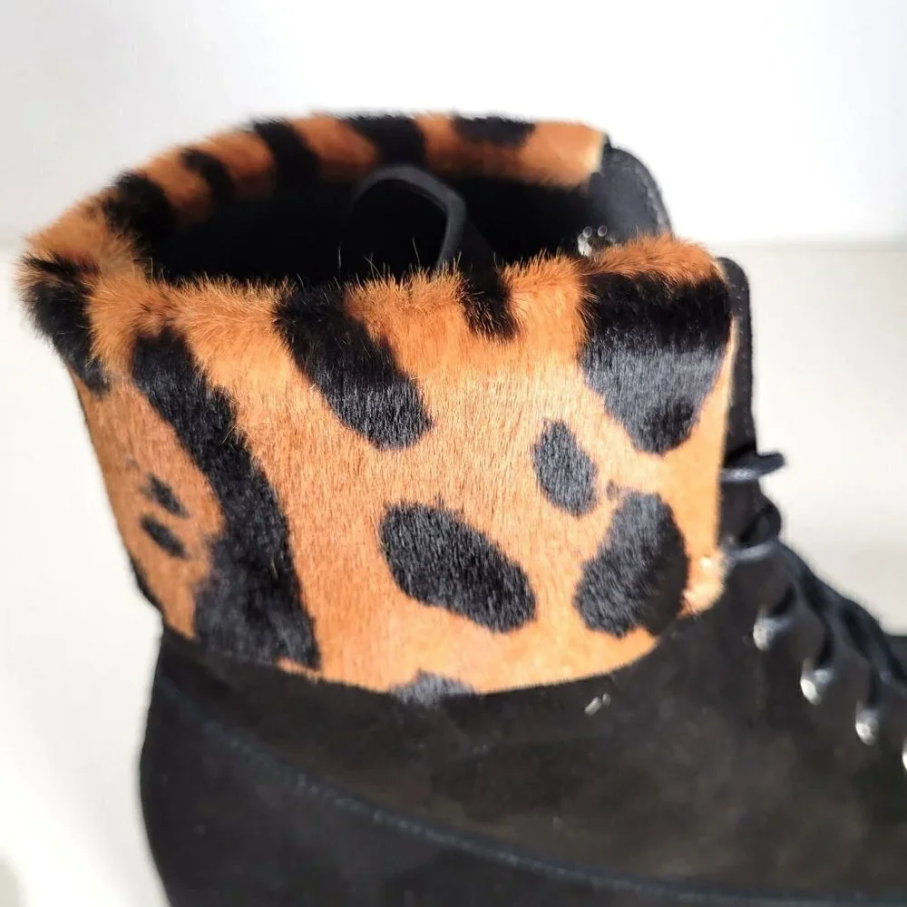Made In Italy Leopard Animal Print Laced Up Suede Booties Boots Black US 8 EU 38